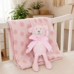 Set de Oso de Peluche y Frazada para Bebé con Textura Suave Color Rosado, 2 Piezas