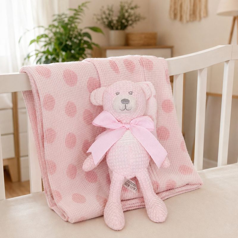 Set de Oso de Peluche y Frazada para Bebé con Textura Suave Color Rosado, 2 Piezas