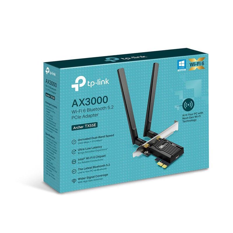 Adaptador PCI Express Archer TX55E Wi-Fi 6 AX3000 con Bluetooth 5.2 y 2 Antenas en Color Negro