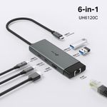 Hub USB Tipo-C 6 en 1 con HDMI 4K, Ethernet Gigabit y Power Delivery 100W en Color Gris