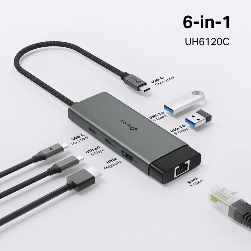 Hub USB Tipo-C 6 en 1 con HDMI 4K, Ethernet Gigabit y Power Delivery 100W en Color Gris