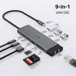 Hub USB Tipo-C 9 en 1 con HDMI 4K, Ethernet Gigabit y Lector SD 100W en Color Gris