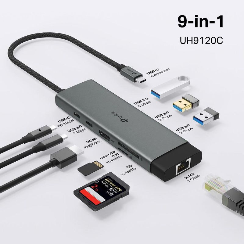 Hub USB Tipo-C 9 en 1 con HDMI 4K, Ethernet Gigabit y Lector SD 100W en Color Gris