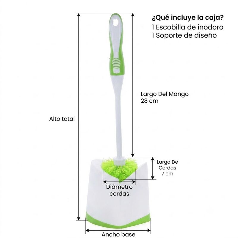 Cepillo para Baño Plástico con Base Portacepillo Mango Ergonómico Blanco y Verde