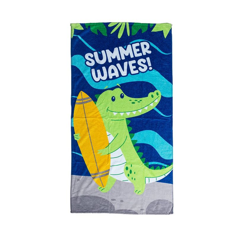 Toalla de Playa Infantil 30 x 60 Plg Diseño Cocodrilo Surfista Azul y Verde