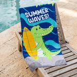Toalla de Playa Infantil 30 x 60 Plg Diseño Cocodrilo Surfista Azul y Verde