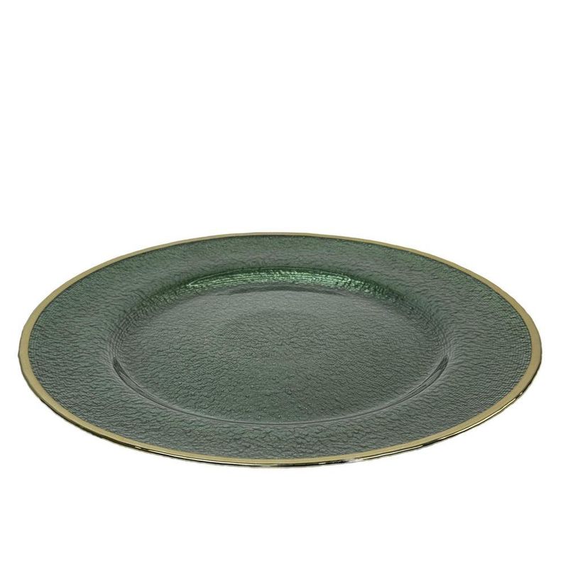 Plato Base de Vidrio Texturizado 33 cm para Montaje de Mesa con Borde Dorado Verde
