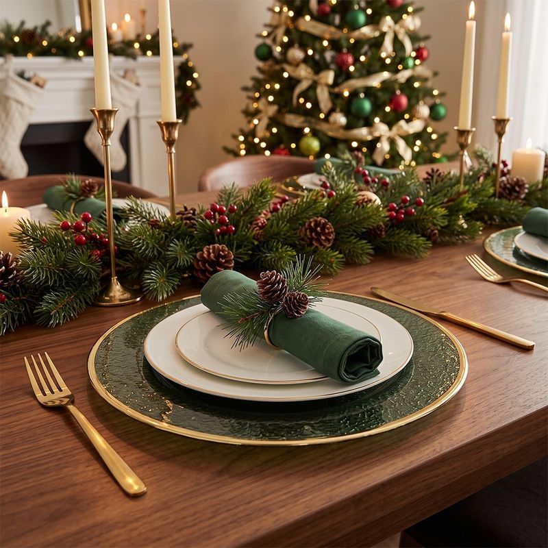 Plato Base de Vidrio Texturizado 33 cm para Montaje de Mesa con Borde Dorado Verde