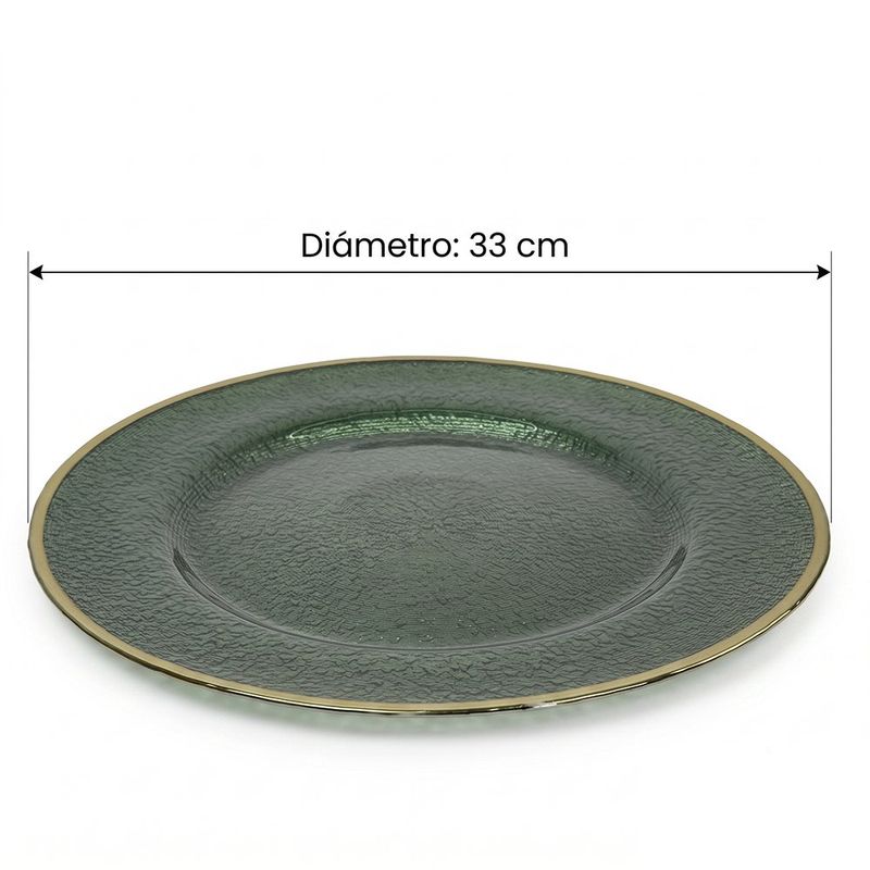 Plato Base de Vidrio Texturizado 33 cm para Montaje de Mesa con Borde Dorado Verde