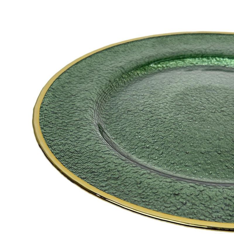 Plato Base de Vidrio Texturizado 33 cm para Montaje de Mesa con Borde Dorado Verde