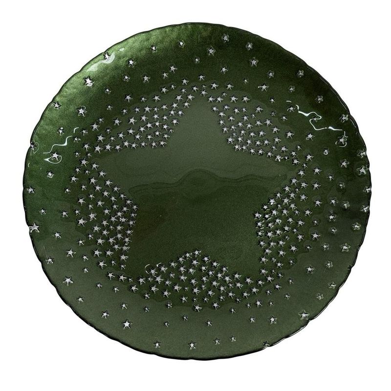 Plato Base de Vidrio 33 cm con Diseño en Relieve de Estrella para Montaje de Mesa Verde