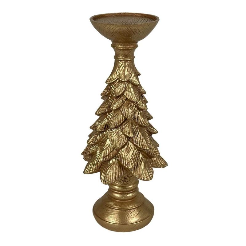 Portavela Decorativo de Resina 26 cm Diseño Pino para Mesa Dorado