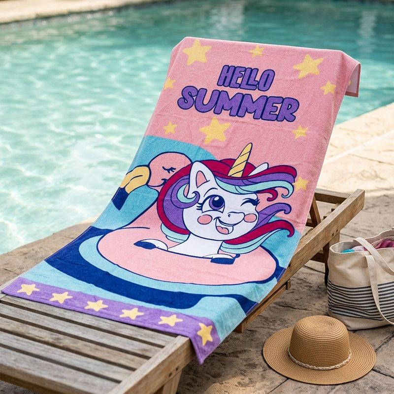 Toalla de Playa Infantil 30 x 60 Plg Diseño Unicornio Rosado y Celeste