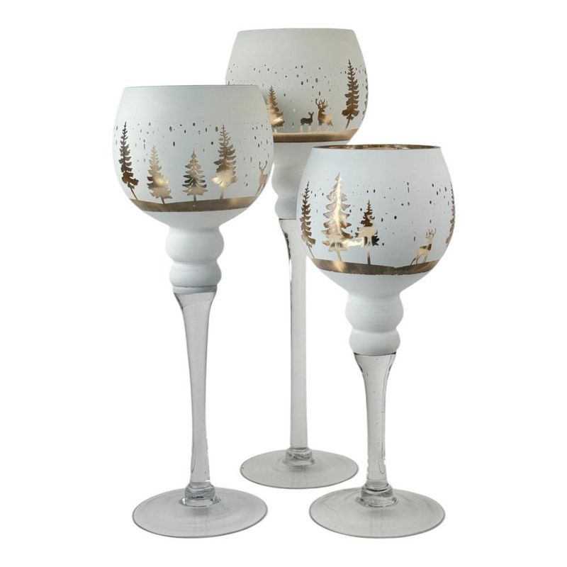 Set de Candeleros de Vidrio de 30, 35 y 40 cm para Decoración Navideña Color Blanco y Dorado, 3 Unidades