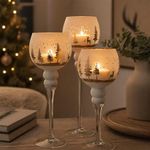 Set de Candeleros de Vidrio de 30, 35 y 40 cm para Decoración Navideña Color Blanco y Dorado, 3 Unidades