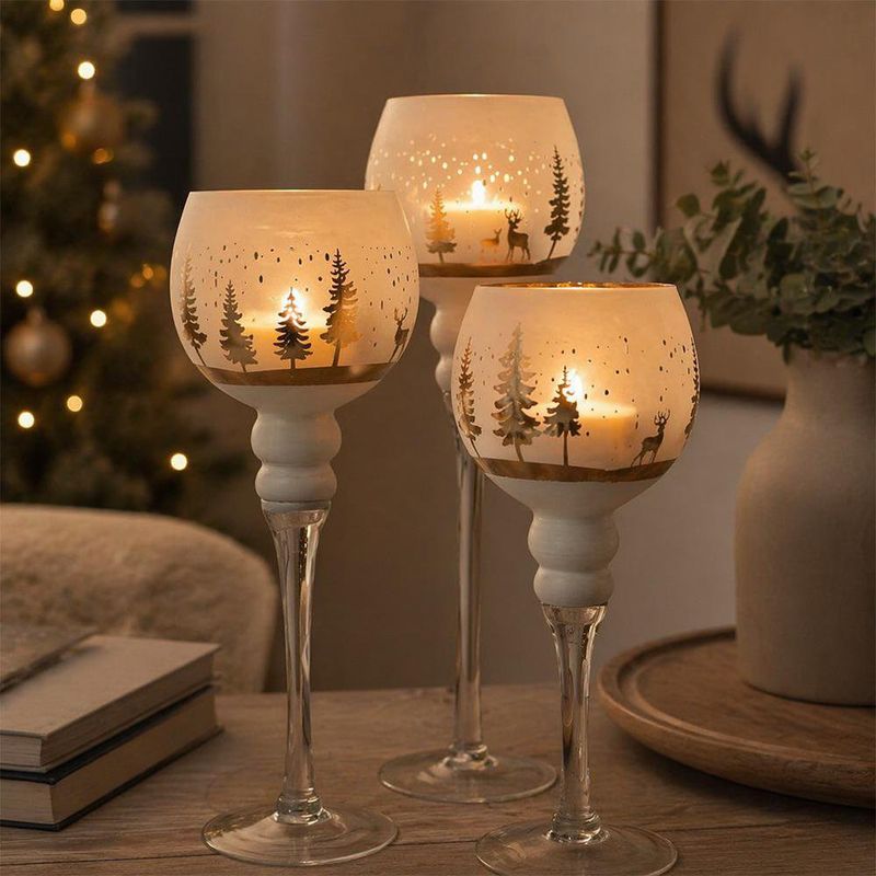 Set de Candeleros de Vidrio de 30, 35 y 40 cm para Decoración Navideña Color Blanco y Dorado, 3 Unidades