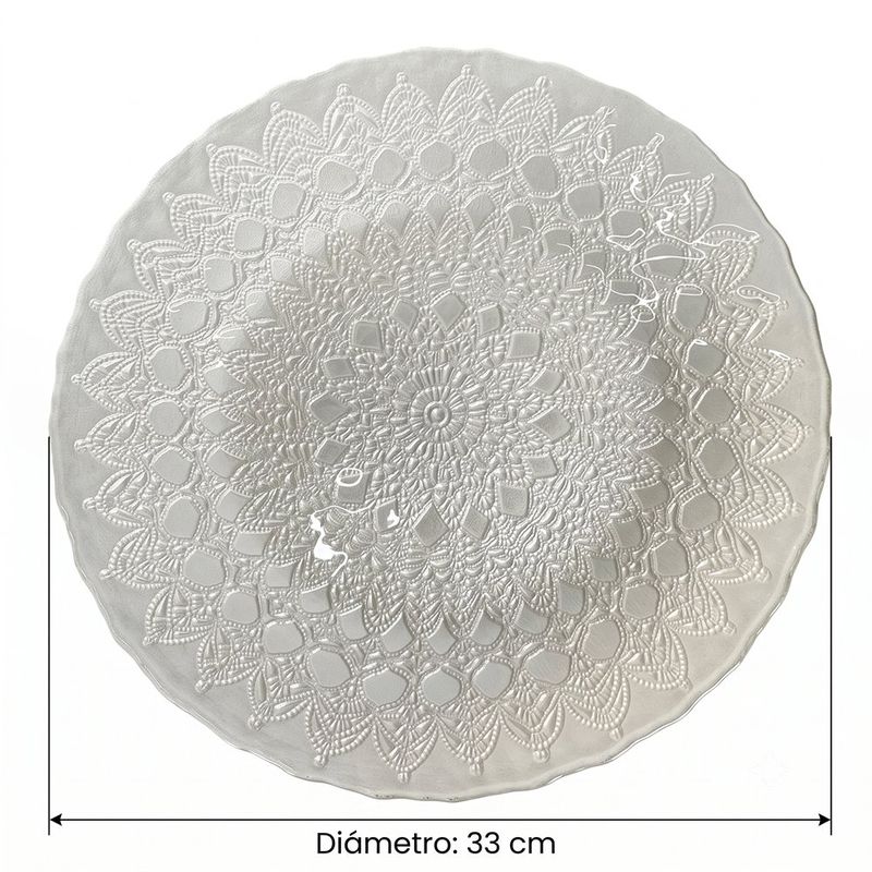 Plato Base de Vidrio Labrado 33 cm con Textura en Relieve para Montaje de Mesa Blanco