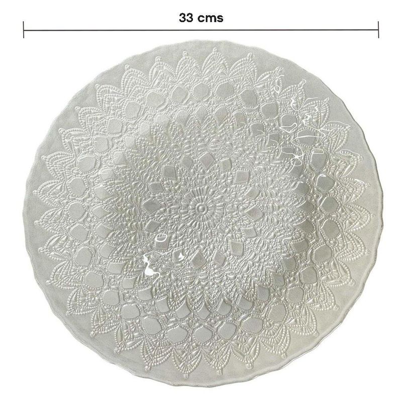 Plato Base de Vidrio Labrado 33 cm con Textura en Relieve para Montaje de Mesa Blanco