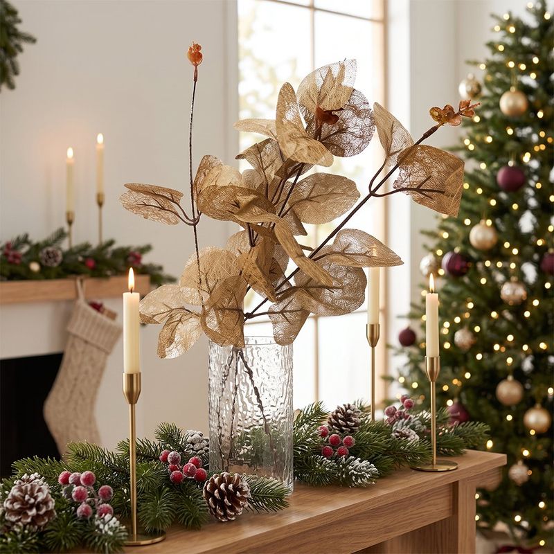 Pick Navideño de Hojas con Tallo para Arreglos de 58 Cm Color Champán