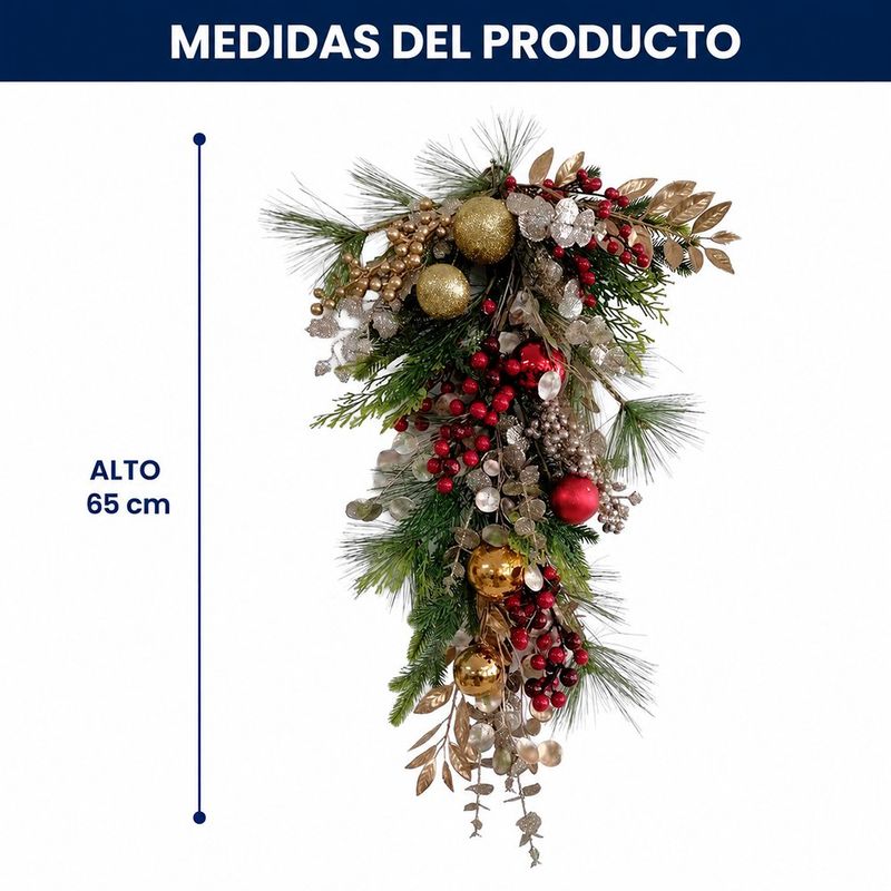 Rama Decorativa Lágrima Colgante Navideña con Bayas y Esferas de 65 Cm Color Rojo, Verde y Dorado