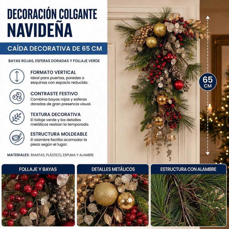 Rama Decorativa Lágrima Colgante Navideña con Bayas y Esferas de 65 Cm Color Rojo, Verde y Dorado