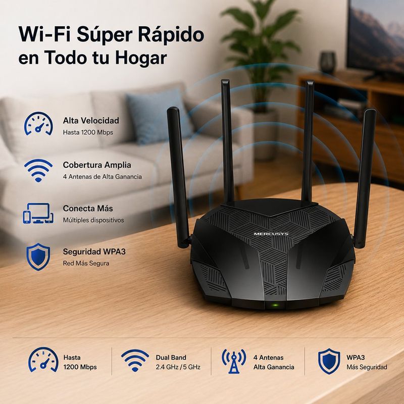 Router Inalámbrico Wi-Fi 6 AX1800 con Doble Banda y 4 Antenas en Color Negro