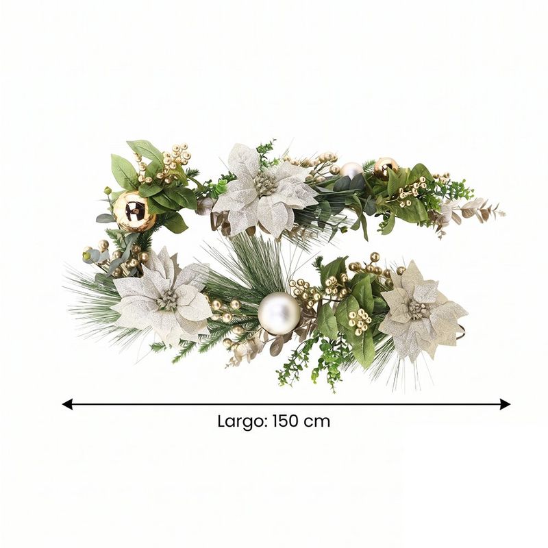 Guirnalda Navideña con Flores de Pascua y Esferas Doradas 150 cm Follaje Verde para Decoración