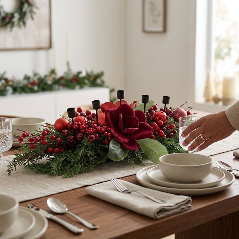 Candelero Navideño con Magnolias y Follaje de 75 cm Corinto y Verde para Centro de Mesa