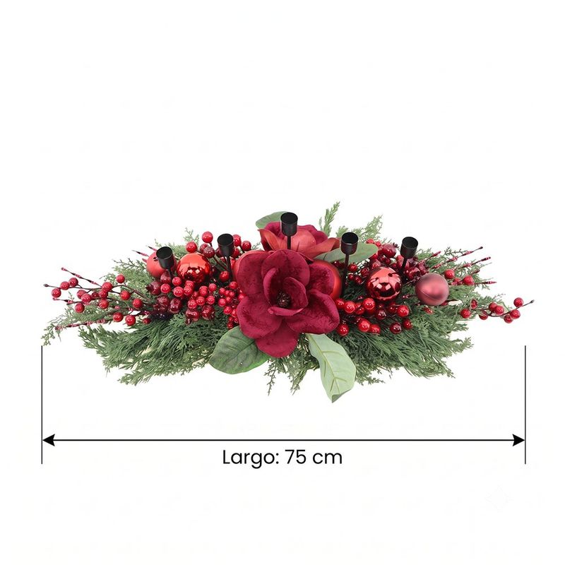 Candelero Navideño con Magnolias y Follaje de 75 cm Corinto y Verde para Centro de Mesa