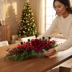Candelero Navideño con Magnolias y Follaje de 75 cm Corinto y Verde para Centro de Mesa