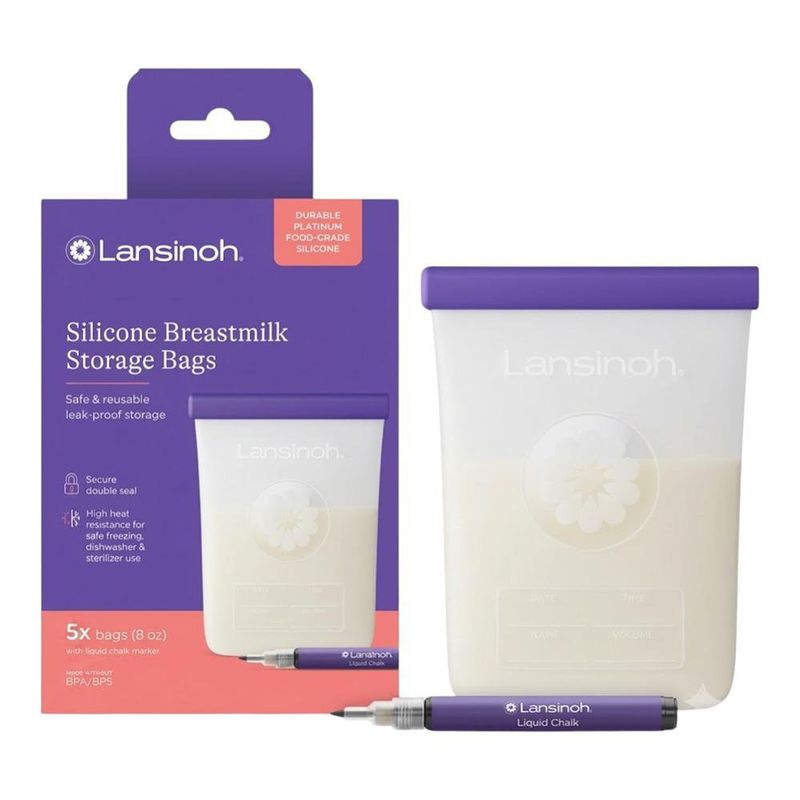 Bolsas Reutilizables para Leche Materna de Silicona 8 Oz con Doble Sello y Marcador Incluido, 5 Unidades