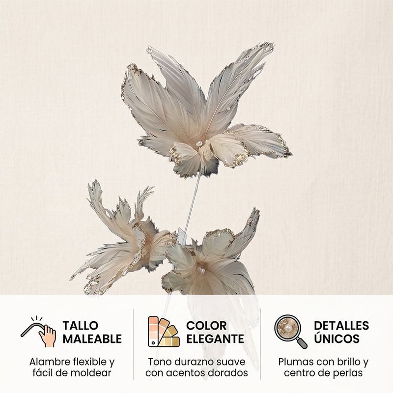 Pick Navideño de Flores Tipo Plumas con Tallo Largo y Brillos para Arreglos de 59 cm Color Durazno