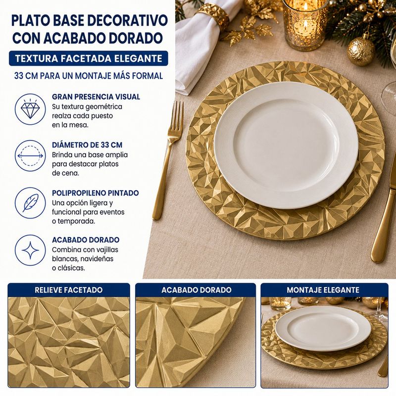 Plato Base Decorativo Diseño Geométrico Facetado para Montaje de Mesa de 33 cm Color Dorado