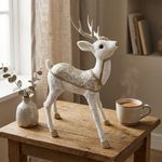 Figura Decorativa Venado Navideño de Pie 44 Cm Blanco Marfil y Dorado