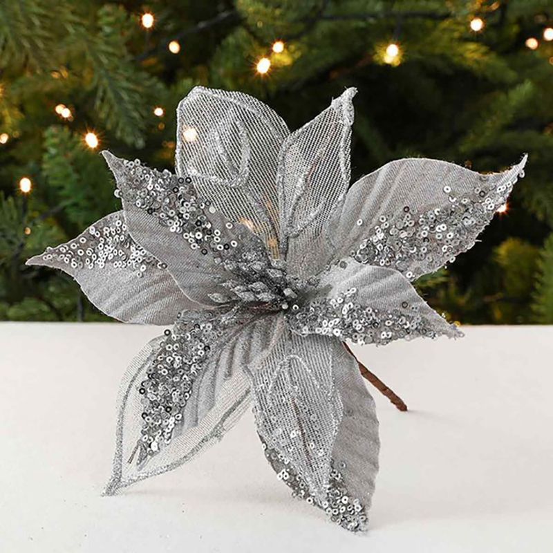 Pick Navideño de Pascua con Lentejuelas y Tallo para Arreglos 28 Cm Gris