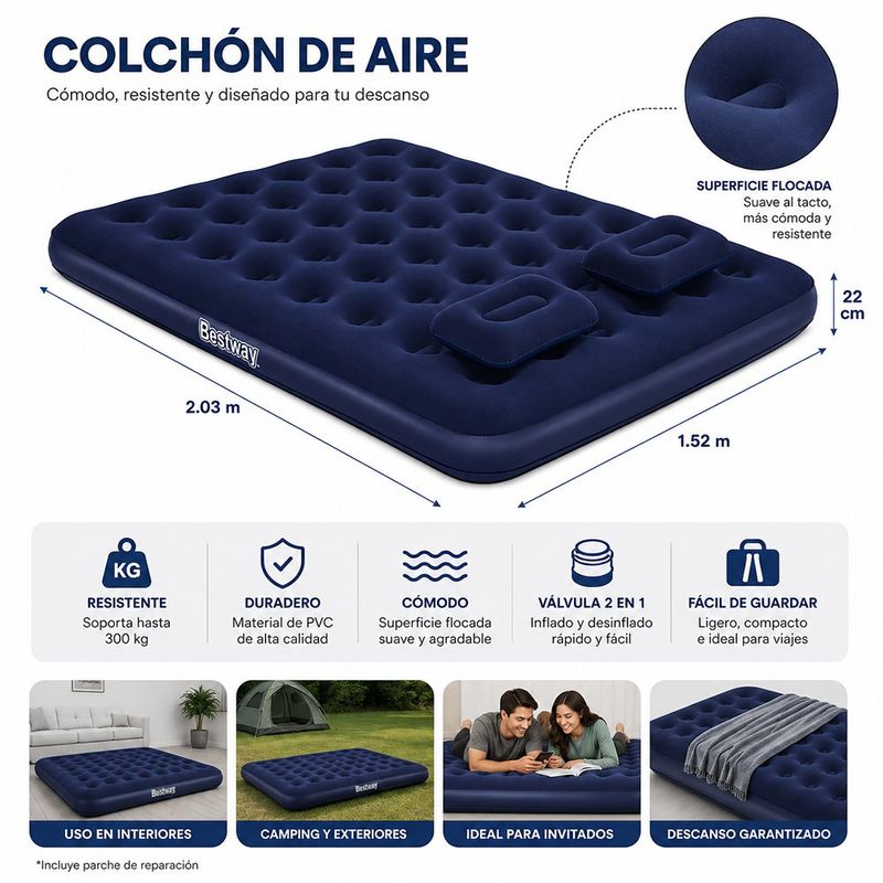Colchón Inflable Queen con Inflador y Almohadas Integradas