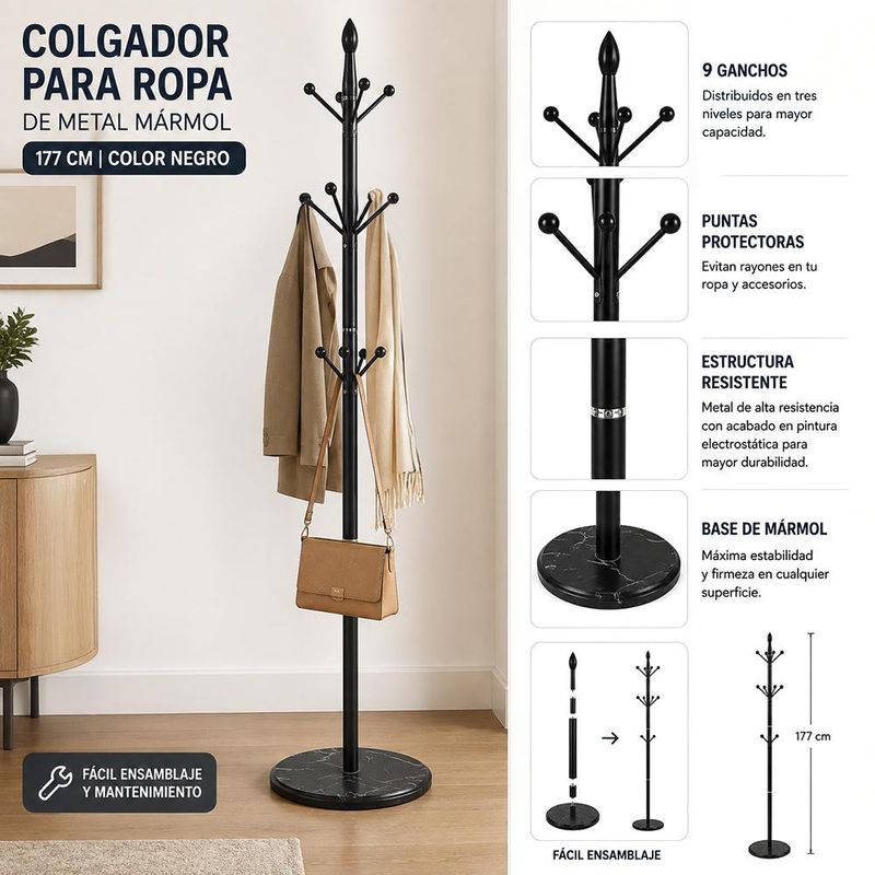 Colgador para Ropa de Metal Mármol 177 Cm Color Negro