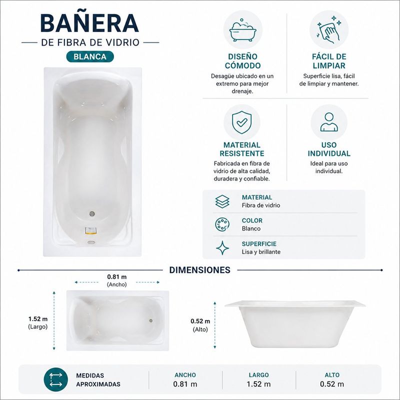 Tina de Baño Rectangular de Fibra de Vidrio con Superficie Lisa 1.52 Metros Blanca