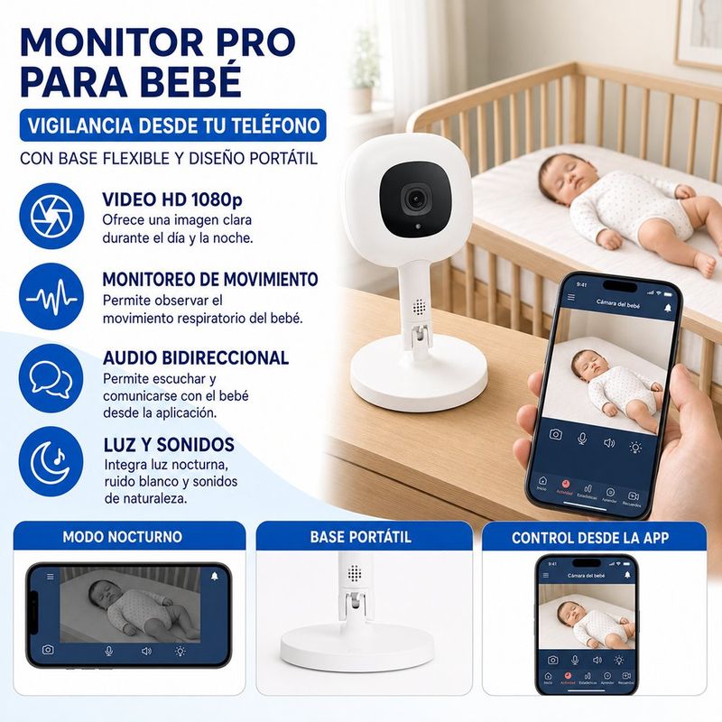 Monitor Inteligente para Bebé con Soporte Flexible Portátil, Cámara de Video 1080p y Audio Bidireccional