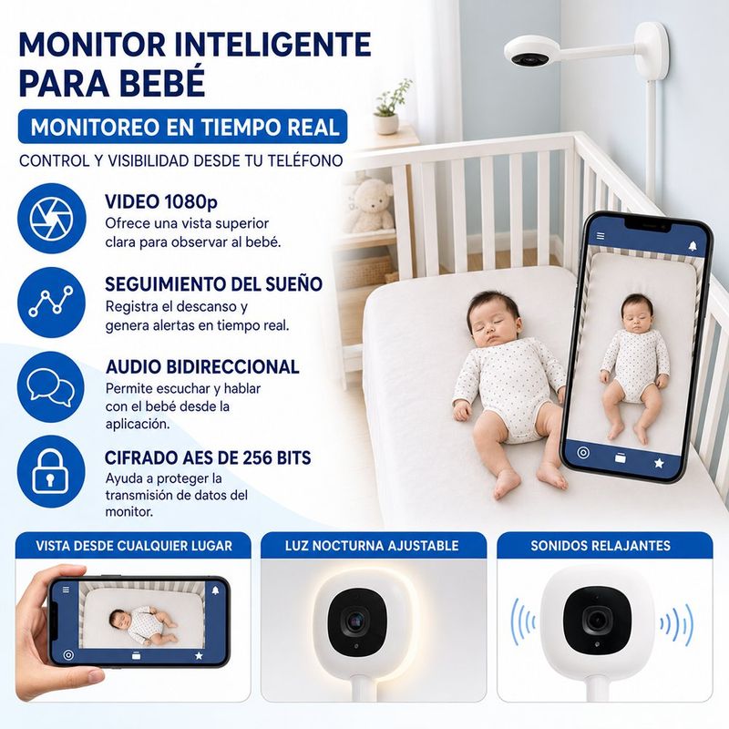 Monitor Inteligente para Bebé con Soporte de Pared, Cámara de Video 1080p, Seguimiento de Sueño y Respiración