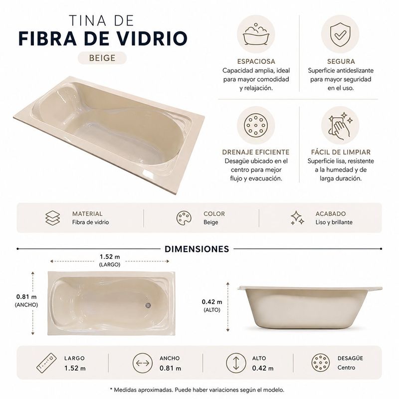 Tina de Baño Rectangular de Fibra de Vidrio con Superficie Lisa 1.52 Metros Beige