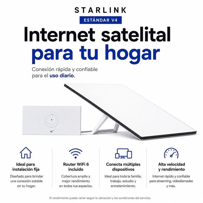 Kit de Internet Satelital Starlink Estándar V4 con Antena, Router WiFi 6 y Soporte Blanco