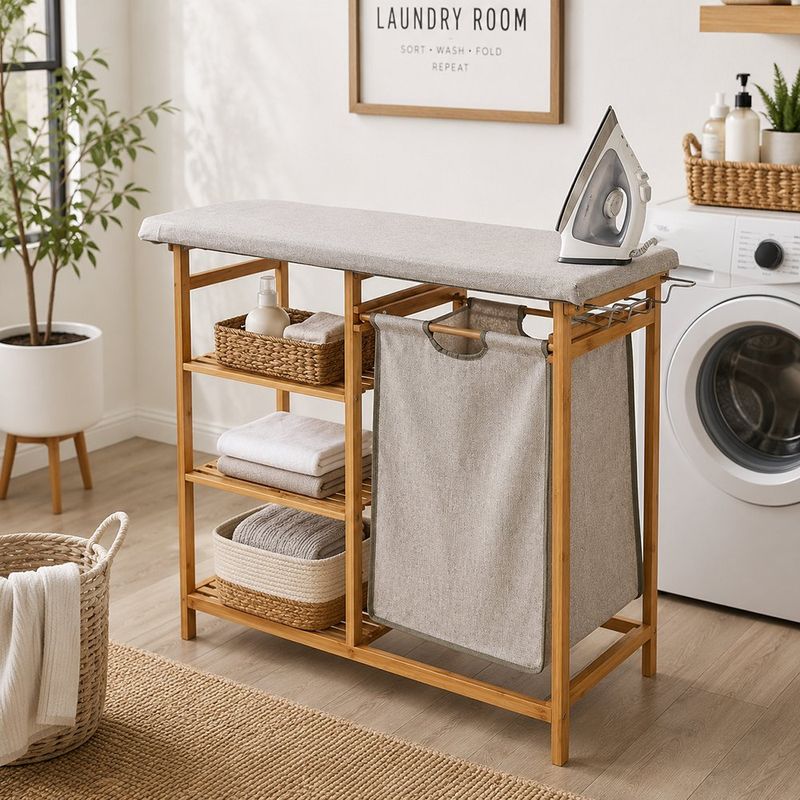 Planchador de Bambú con Divisiones y Cesto para Ropa 125 x 89 x 34 cm