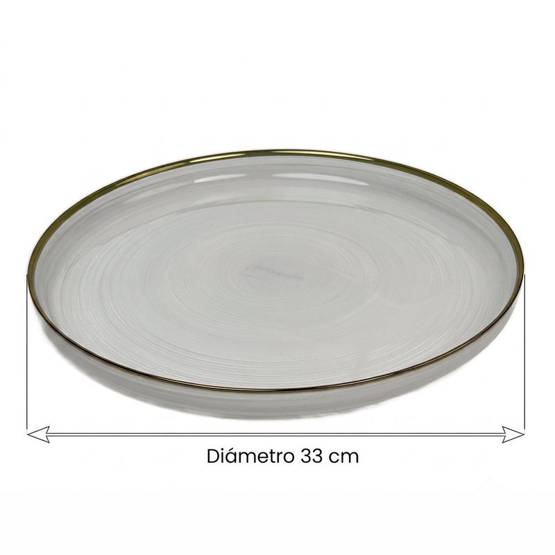 Plato Base de Vidrio de 33 x 33 Cm Color Blanco y Dorado