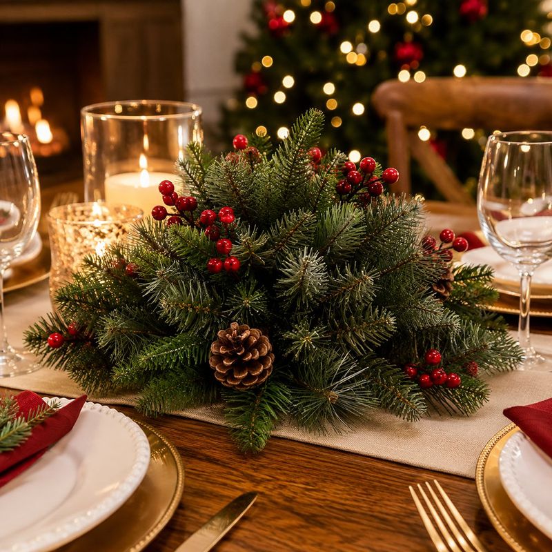 Centro de Mesa Navideño con Pino, Bayas Rojas y Piñas de 40 Cm
