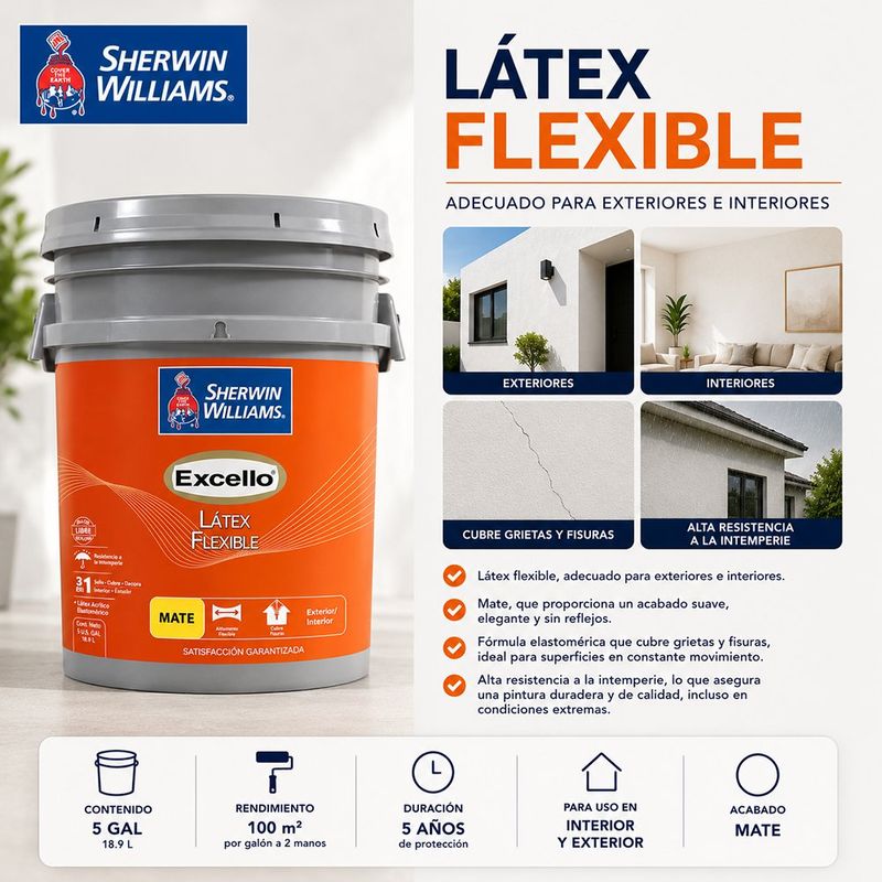Pintura Látex Flexible Elastomérico 3 en 1 Mate Ultra Blanco 5 Gal para Interior y Exterior