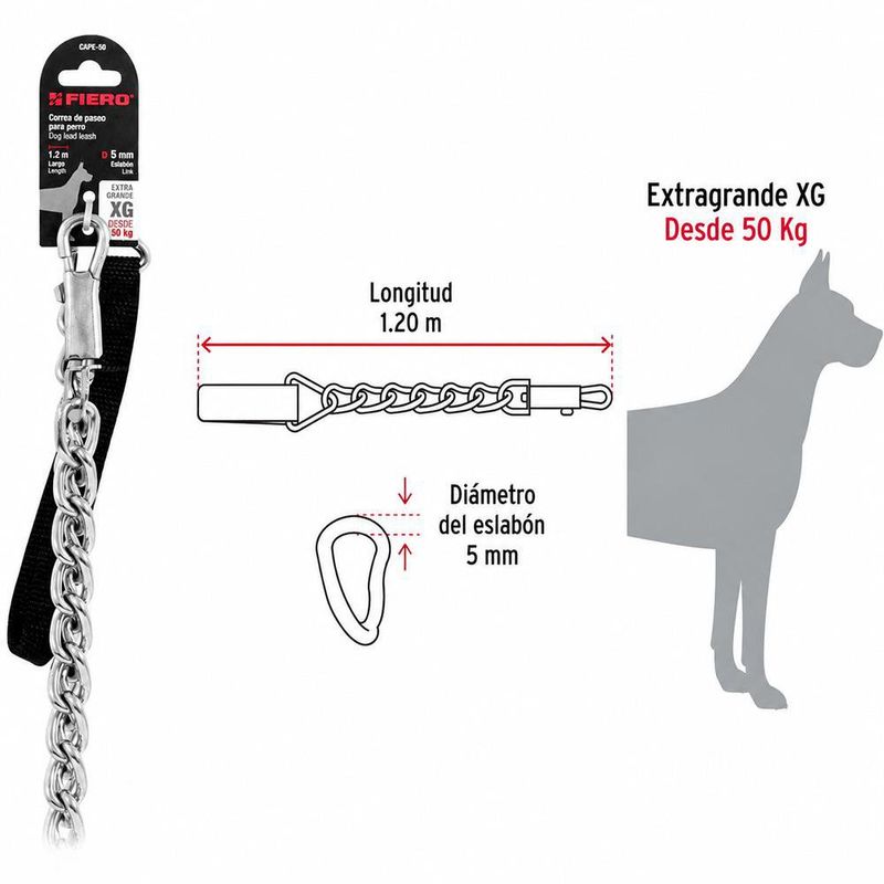 Cadena de Paseo para Perro de Acero 1.2 Metros x 5 mm con Asa Talla XG