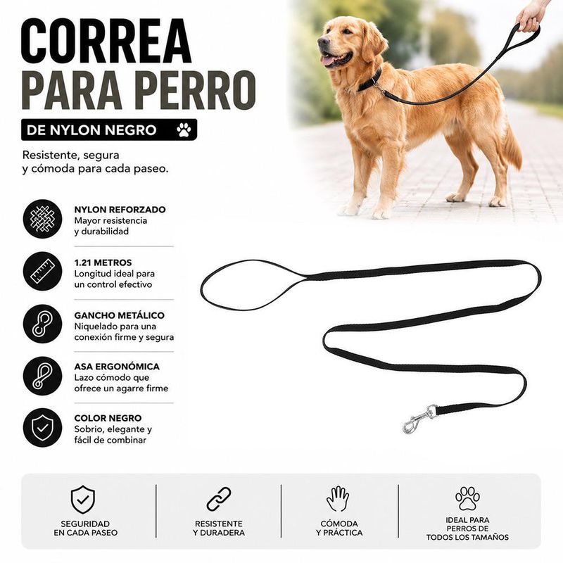 Correa para Perro de Nylon Negro 1.21 Metros x 1 Cm con Gancho Niquelado