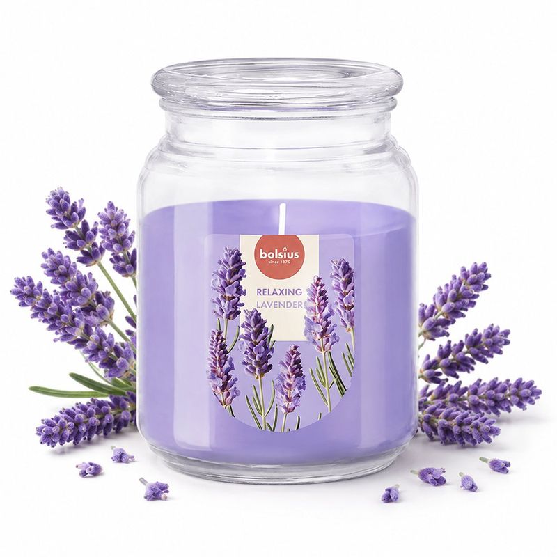 Vela Aromática Relaxing Lavender en Frasco de Vidrio Color Lila