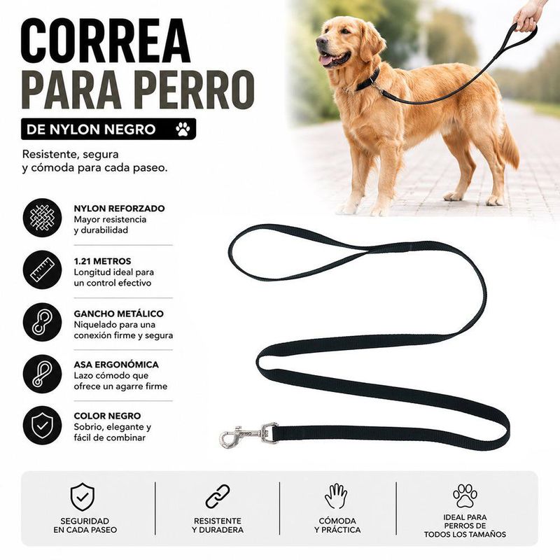 Correa para Perro de Nylon Negro 1.21 Metros x 2 Cm con Gancho Niquelado